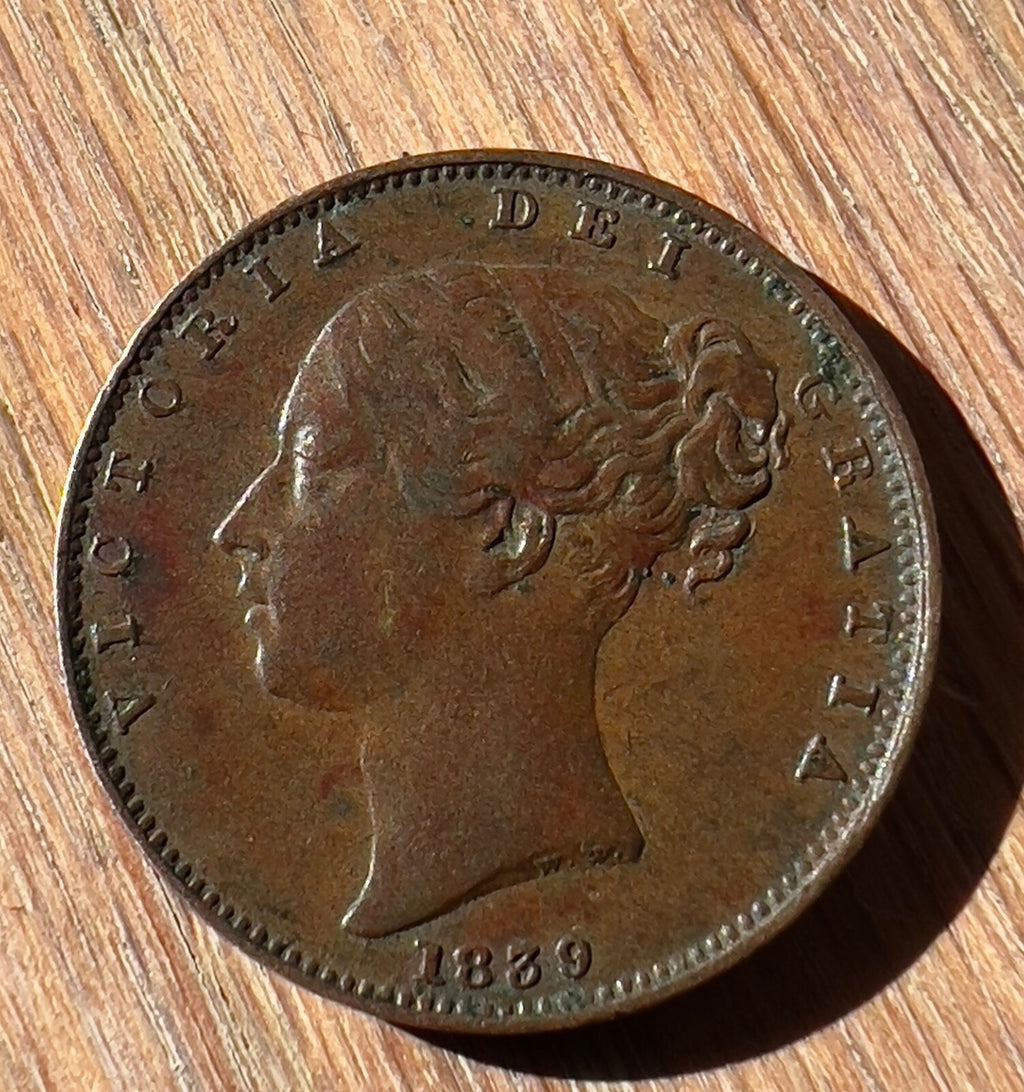 1839 Farthing - Queen Victoria Young Head Coin - 2 Pronged Trident -high grade0