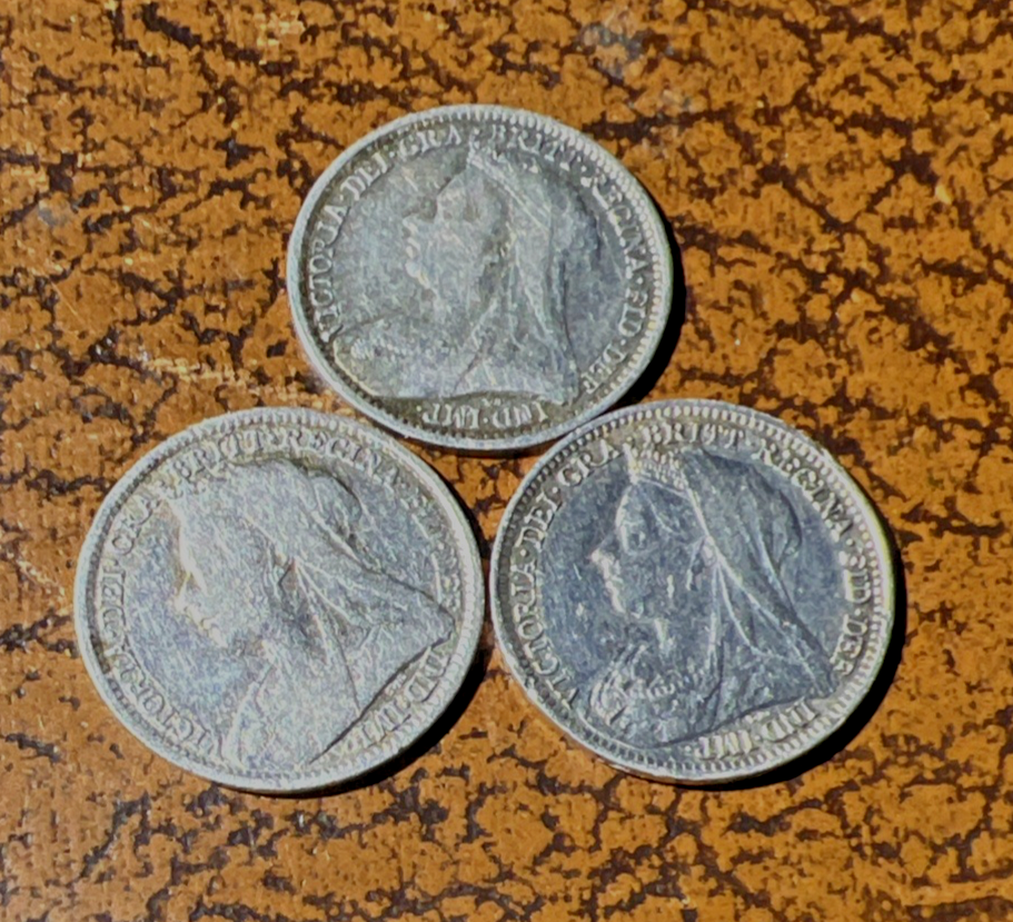 Victoria silver threepence coins 1894, 95, 961