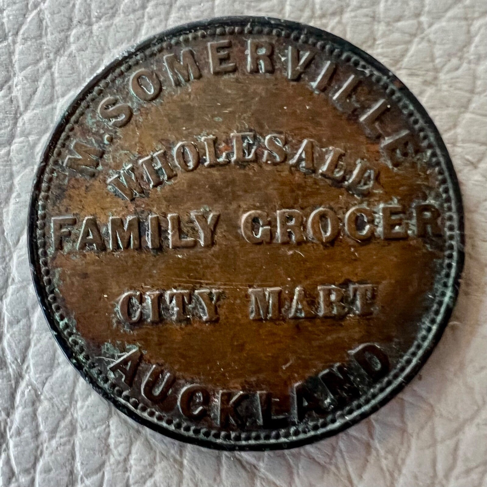 New Zealand, Auckland, Somerville Grocer 1d One Penny Token 18571