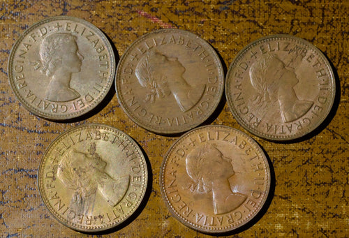 5 Australia  Half Penny coins 1960, 61, 62, 63, 641