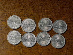 Germany- 8 different 50 Pfennig 1920 A, J-1921D, J-1922A,D,G,J-Excellent grade