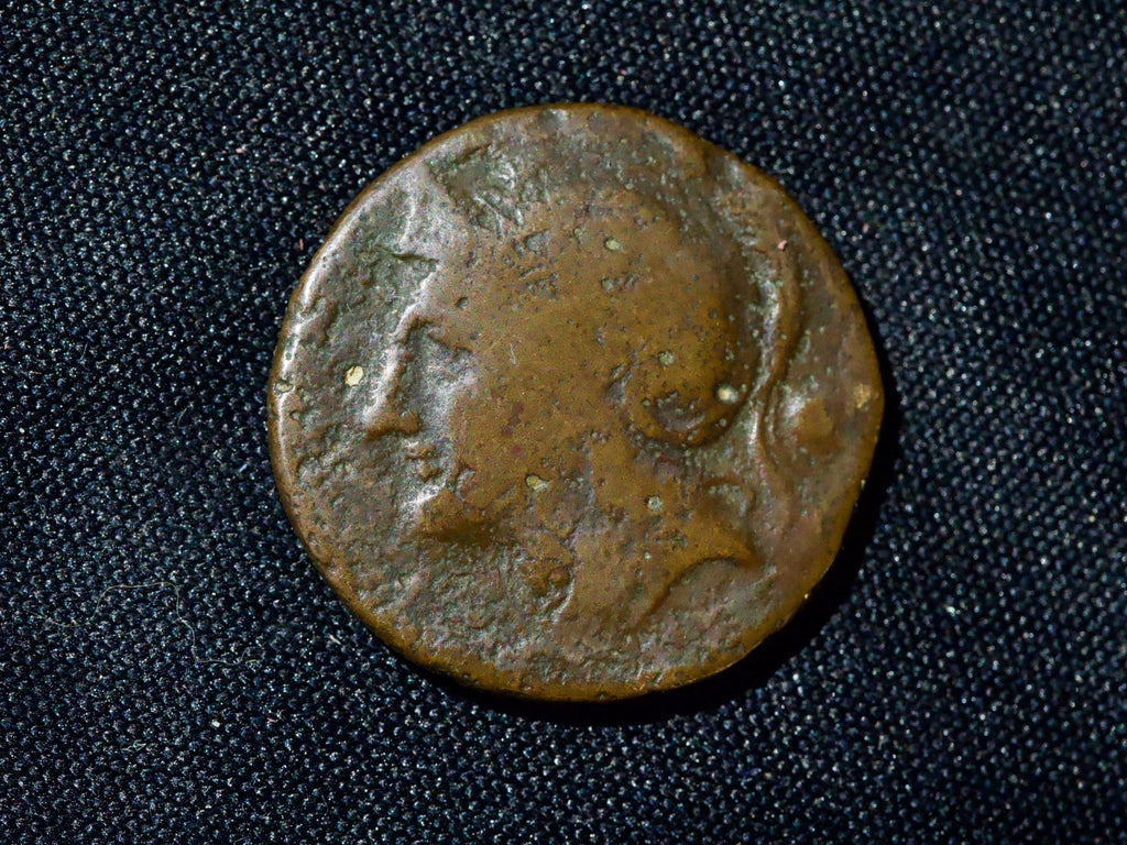 Uncia Roma- Head of Roma left, with crested Attic helmet,pellet behind,217-215BC0