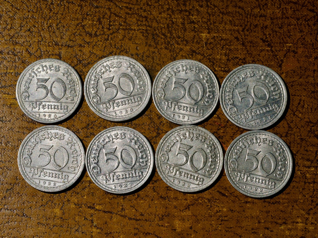 Germany- 8 different 50 Pfennig 1920 A, J-1921D, J-1922A,D,G,J-Excellent grade1