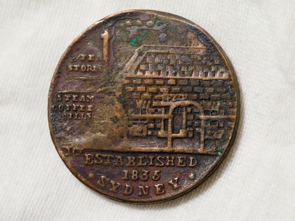 Australia New South Wales Sydney Tea Stores Token Halfpenny, 1852-raised bricks0