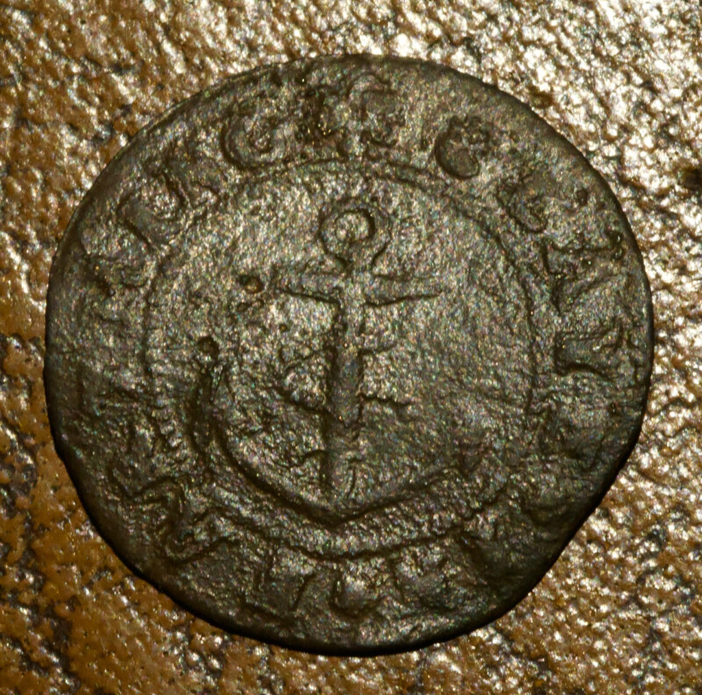 17th century farthing token-Claye in Farthing, (anchor).Holt Hundred (horseshoe)