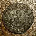 17th century farthing token-Claye in Farthing, (anchor).Holt Hundred (horseshoe)