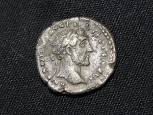 Antoninus Pius,  Denarius.Salus feeding snake on altar