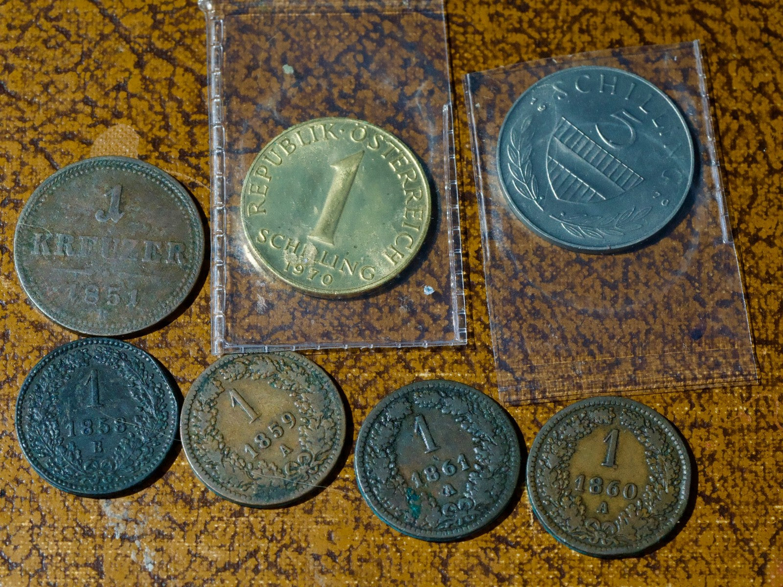 Austrian collection 1 Kreuzer 1859A,1861A,1851B,1858B,1860A. 1 and 5 sch 19700