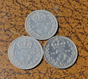 Victoria silver threepence coins 1894, 95, 96
