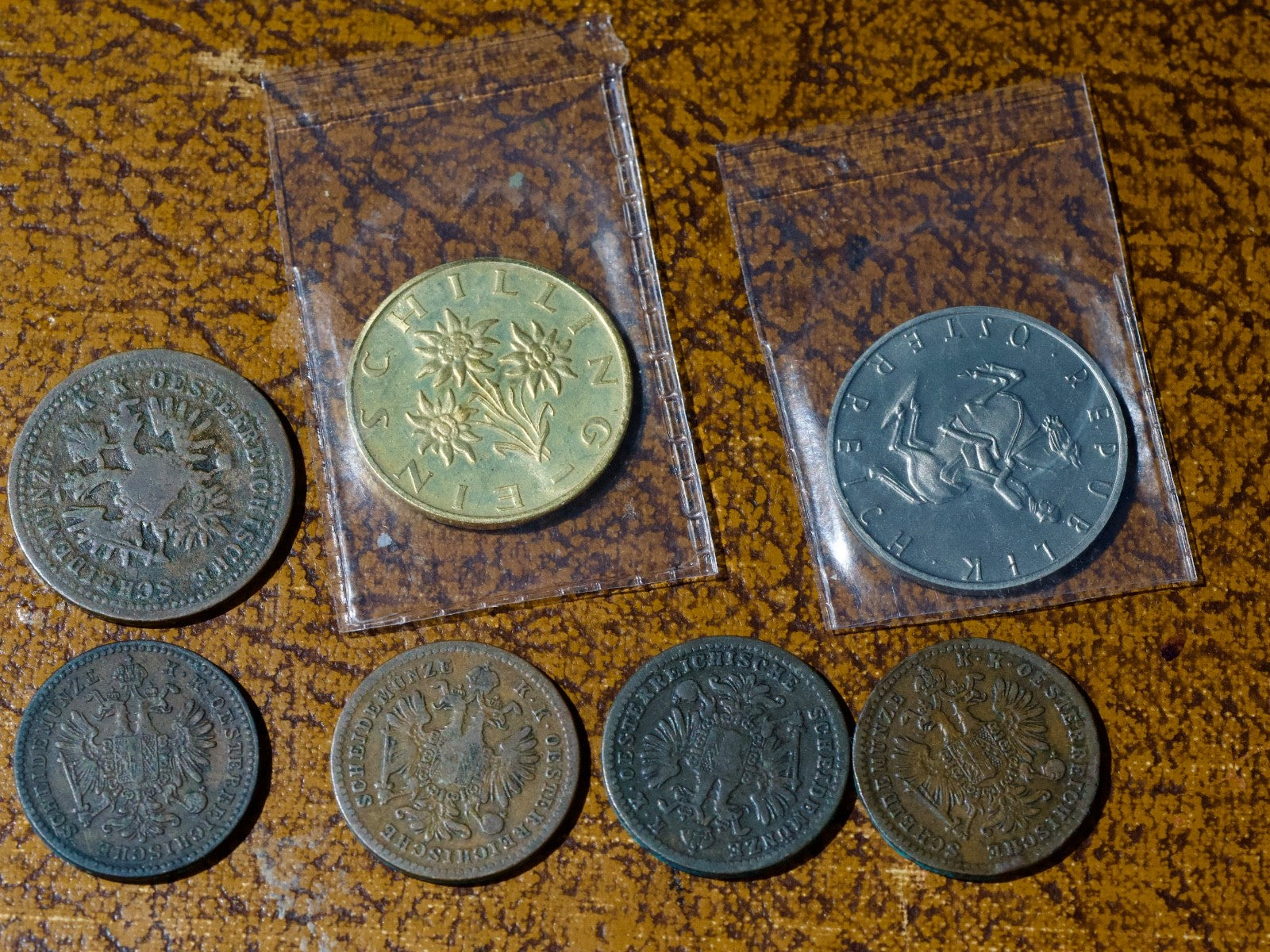 Austrian collection 1 Kreuzer 1859A,1861A,1851B,1858B,1860A. 1 and 5 sch 19701
