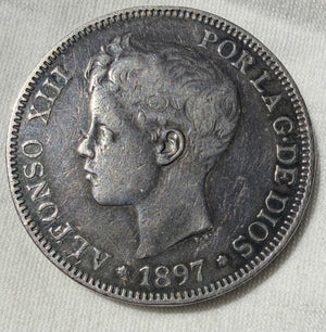 Kingdom of Spain - Alfonso XIII (1886-1931), 1897 Silver 5 Pesetas.