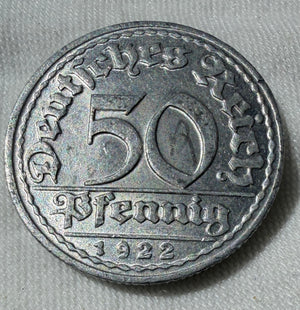 Germany 50 Pfennig 1922D-high grade with lustre