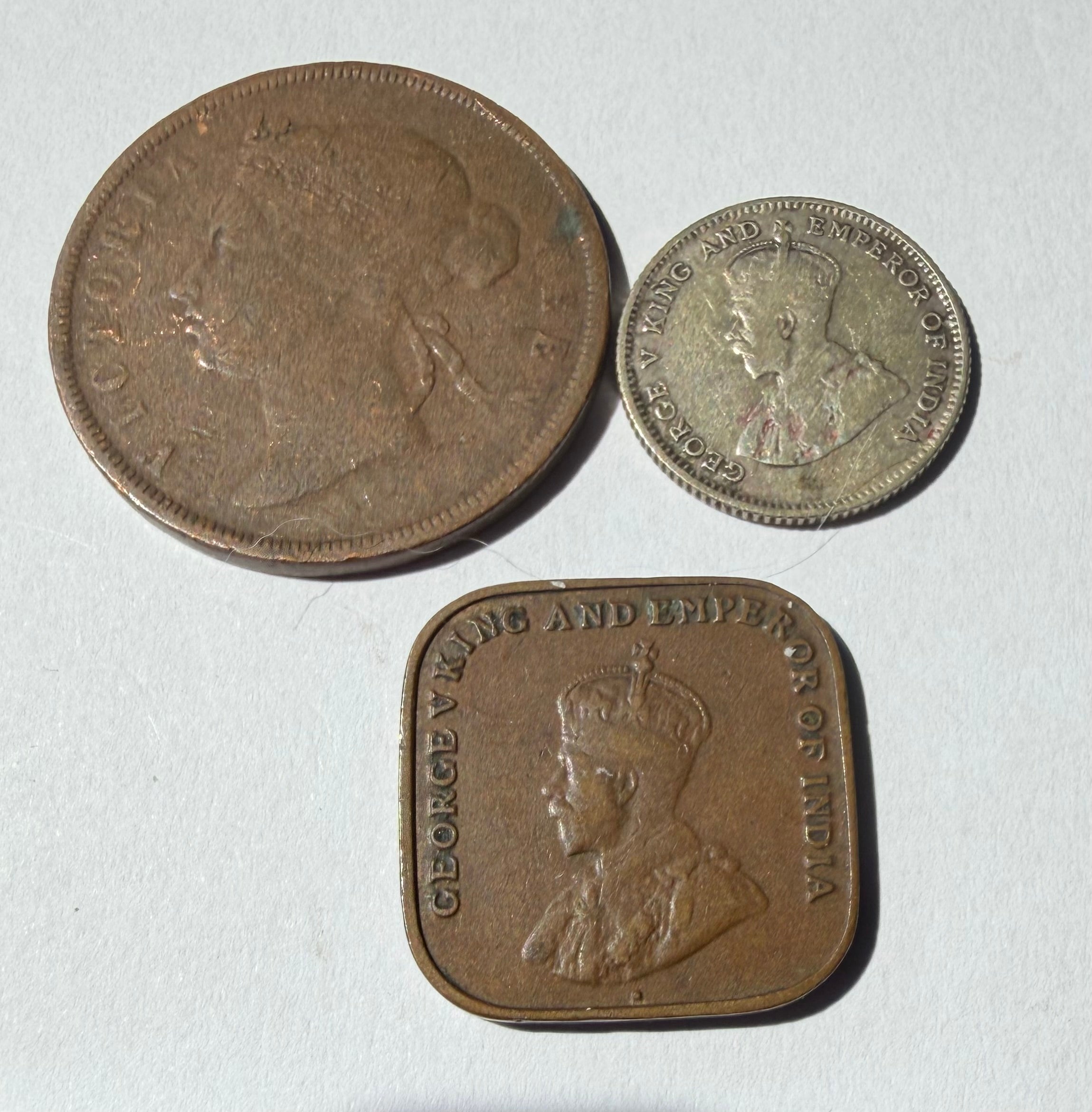 3 Malaysian Coins. 1 cent 1874, 1 cent 1920, 10 cents 1926