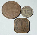3 Malaysian Coins. 1 cent 1874, 1 cent 1920, 10 cents 1926
