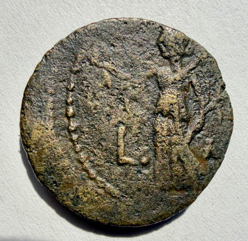 Alexandria. Augustus. Æ Diobol, Nike standing facing, head left, holding wreath