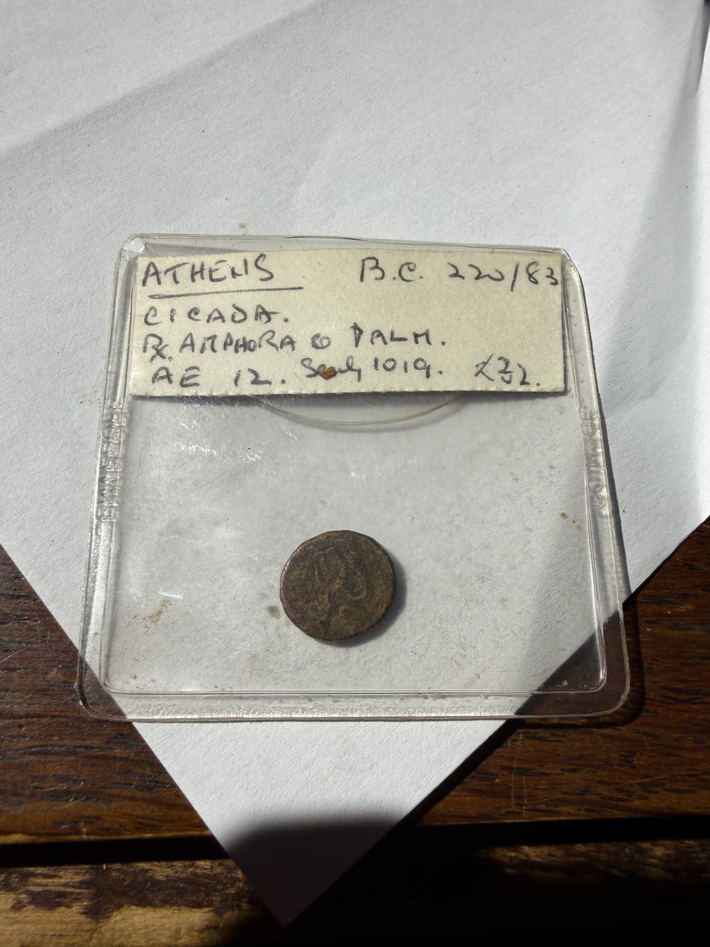 Athens, Attica, AE12 ca 190-183 BC. Cicada. Reverse amphora-very rare