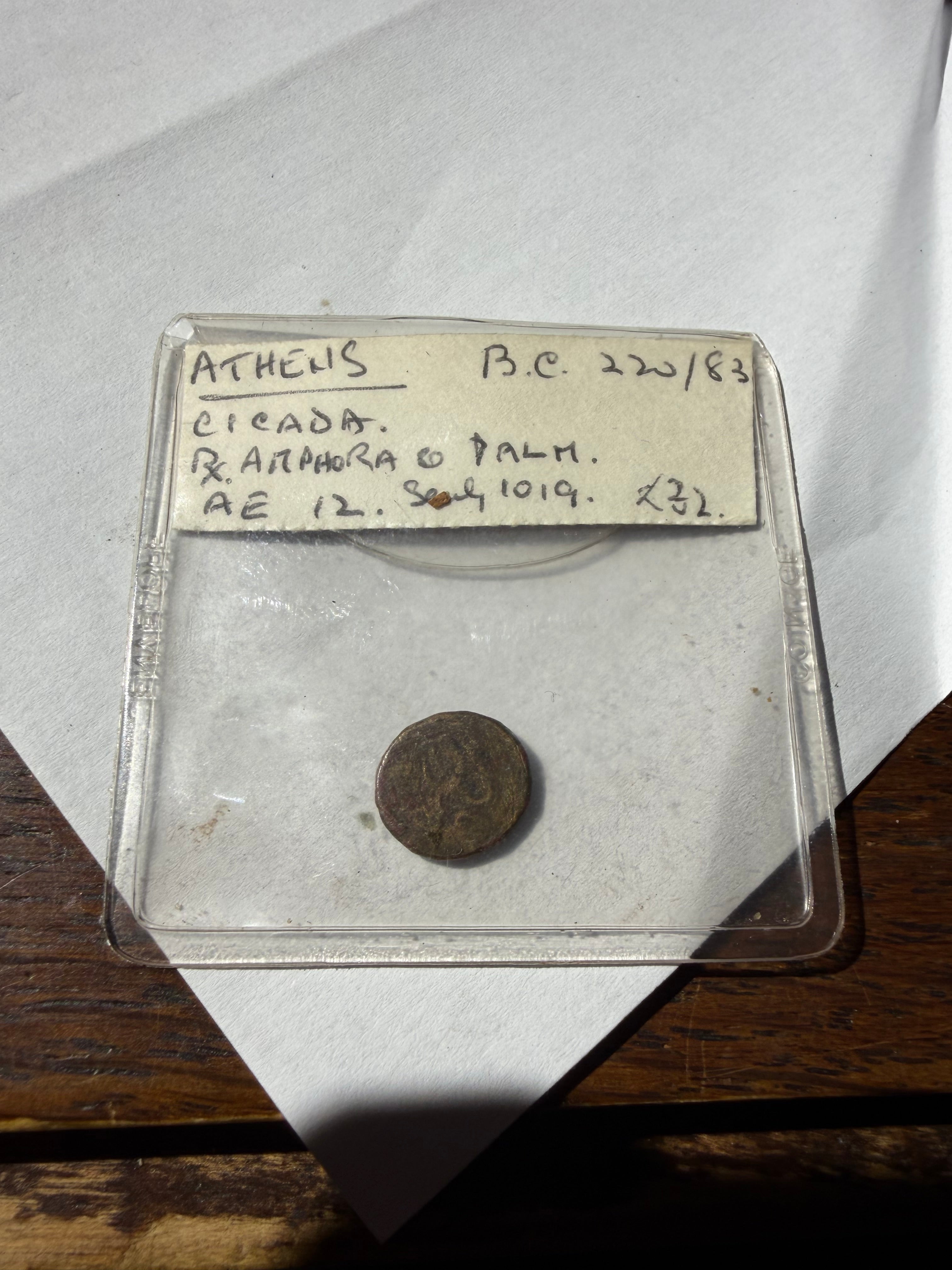 Athens, Attica, AE12 ca 190-183 BC. Cicada. Reverse amphora-very rare