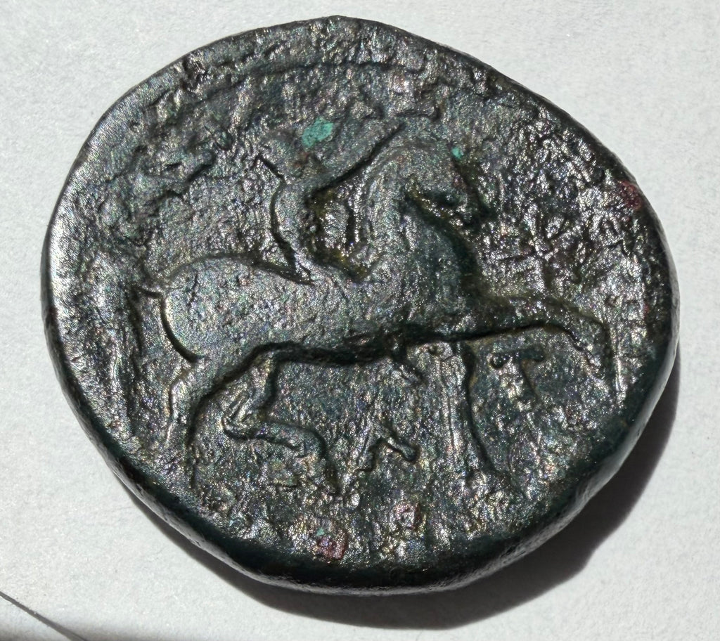 Kassander-305-297 BC.Head of young Hercules facing right/Nude youth riding a horse right AE20 unit