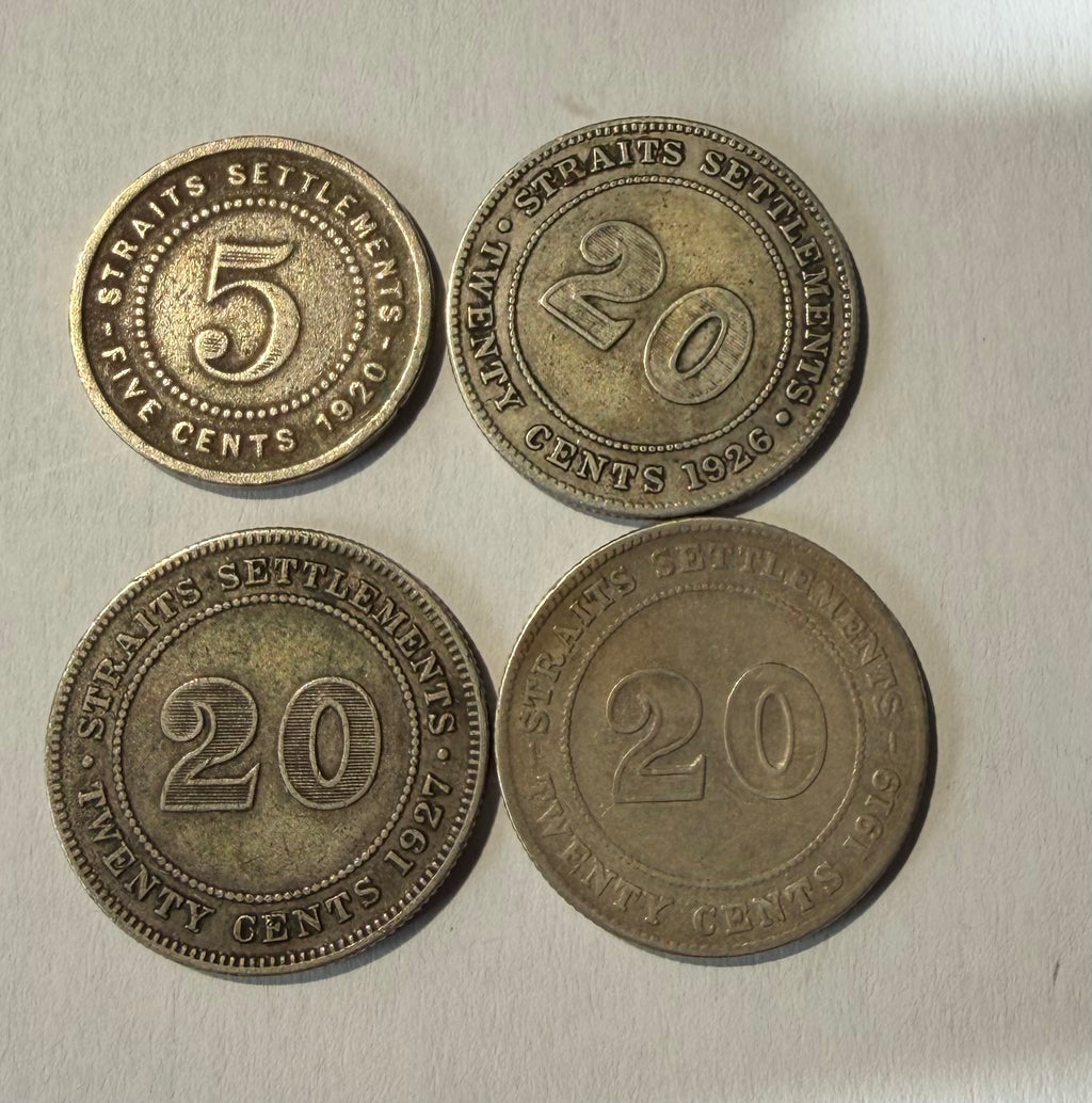 Straits Settlements 5 Cents 1920, 20 cents 1917,1919, 1926