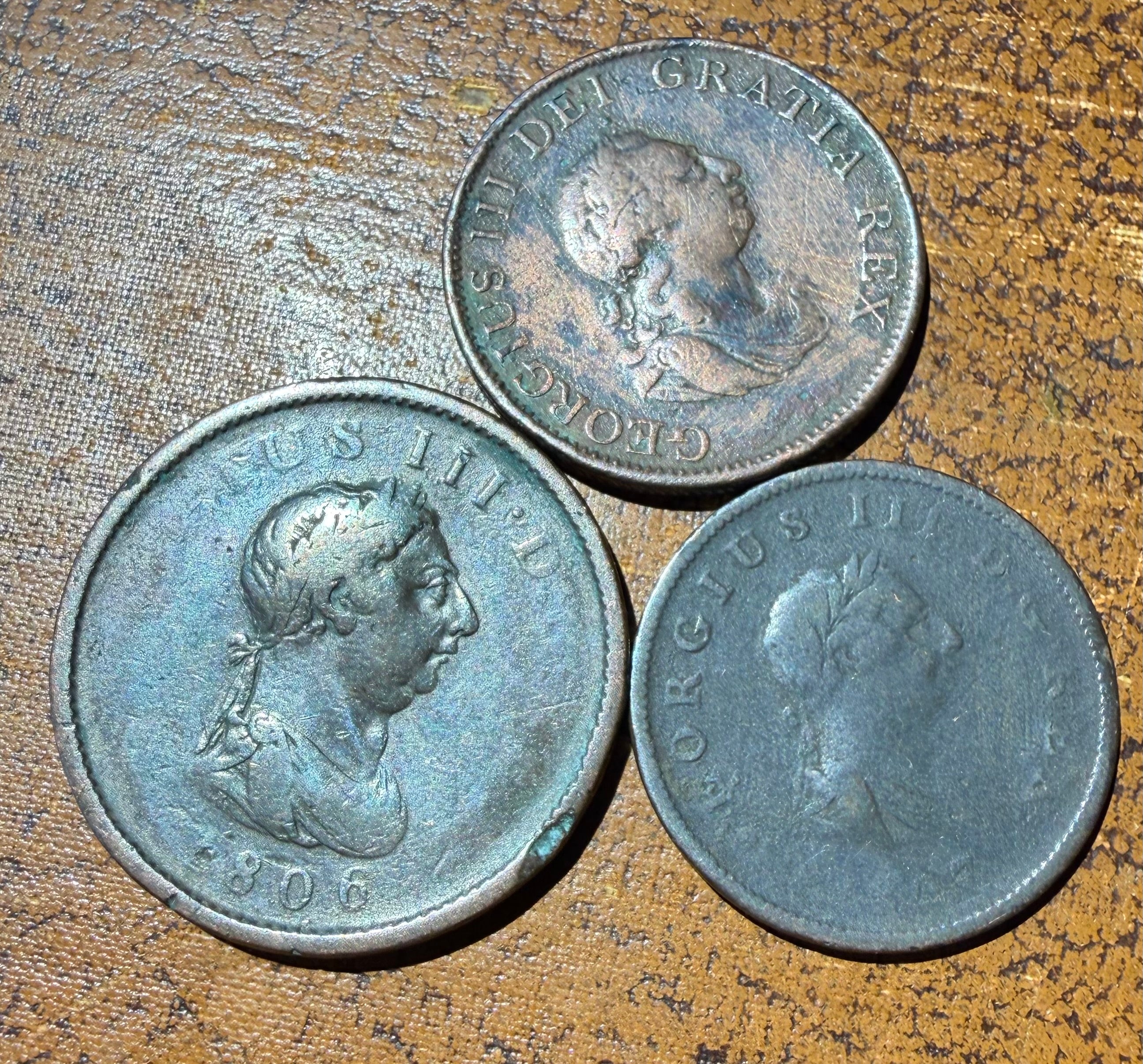 George III coins. 1806 penny, 1799 halfpenny, 1807 halfpenny