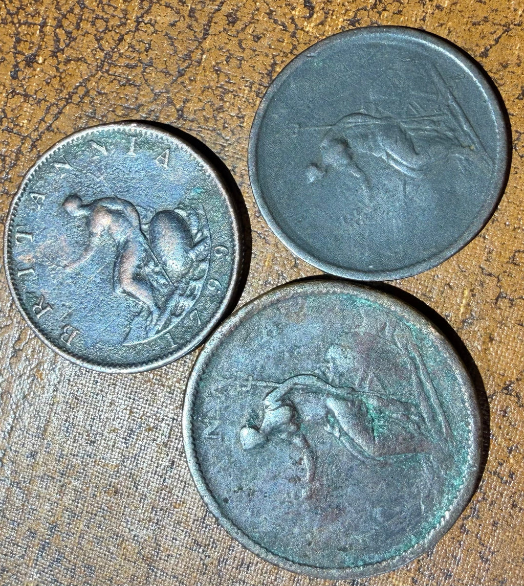 George III coins. 1806 penny, 1799 halfpenny, 1807 halfpenny