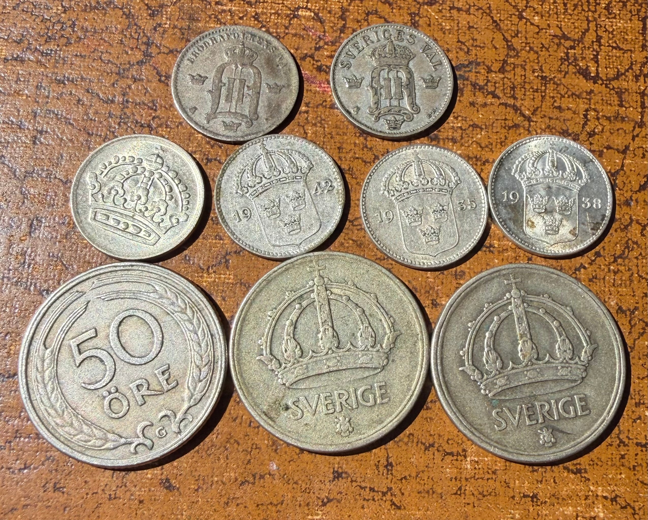 Sweden coins 10 Ore 1874, 1907, 1935, 1938, 1942, 1955-50 Ore 1940, 1944, 1945
