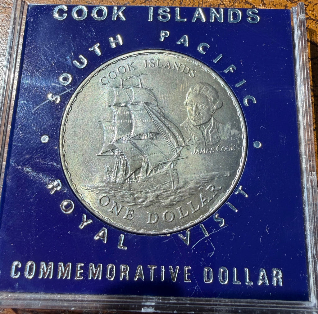 1970 New Zealand One Dollar Coin In Slab. Cook Islands Royal Visit.