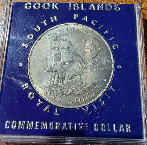 1970 New Zealand One Dollar Coin In Slab. Cook Islands Royal Visit.