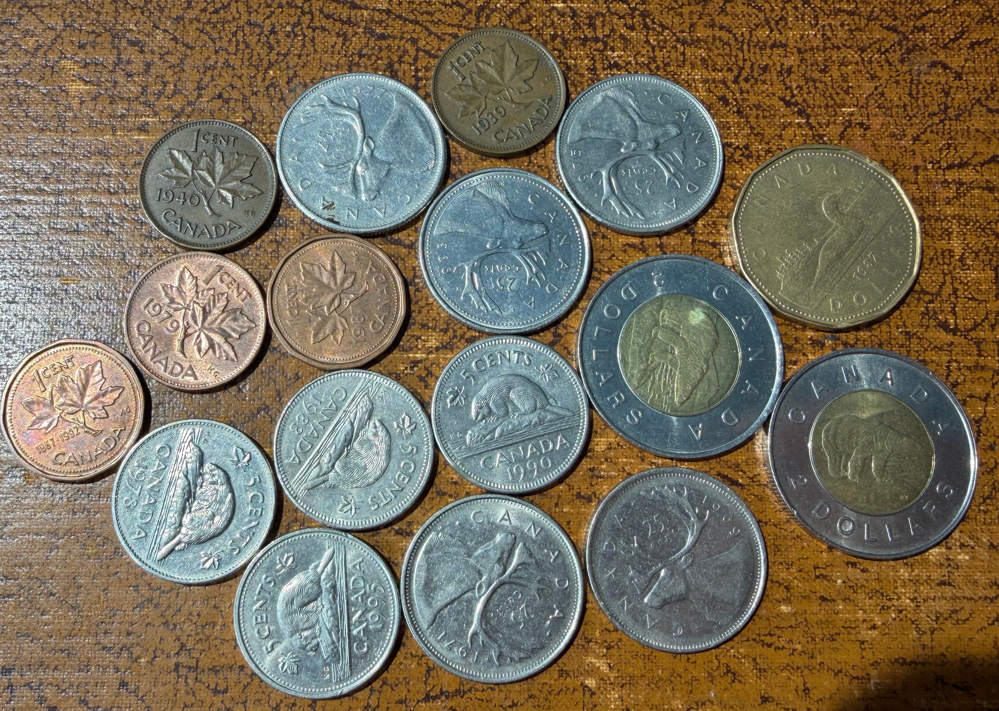 17 Canadian coins from one cents to two dollars