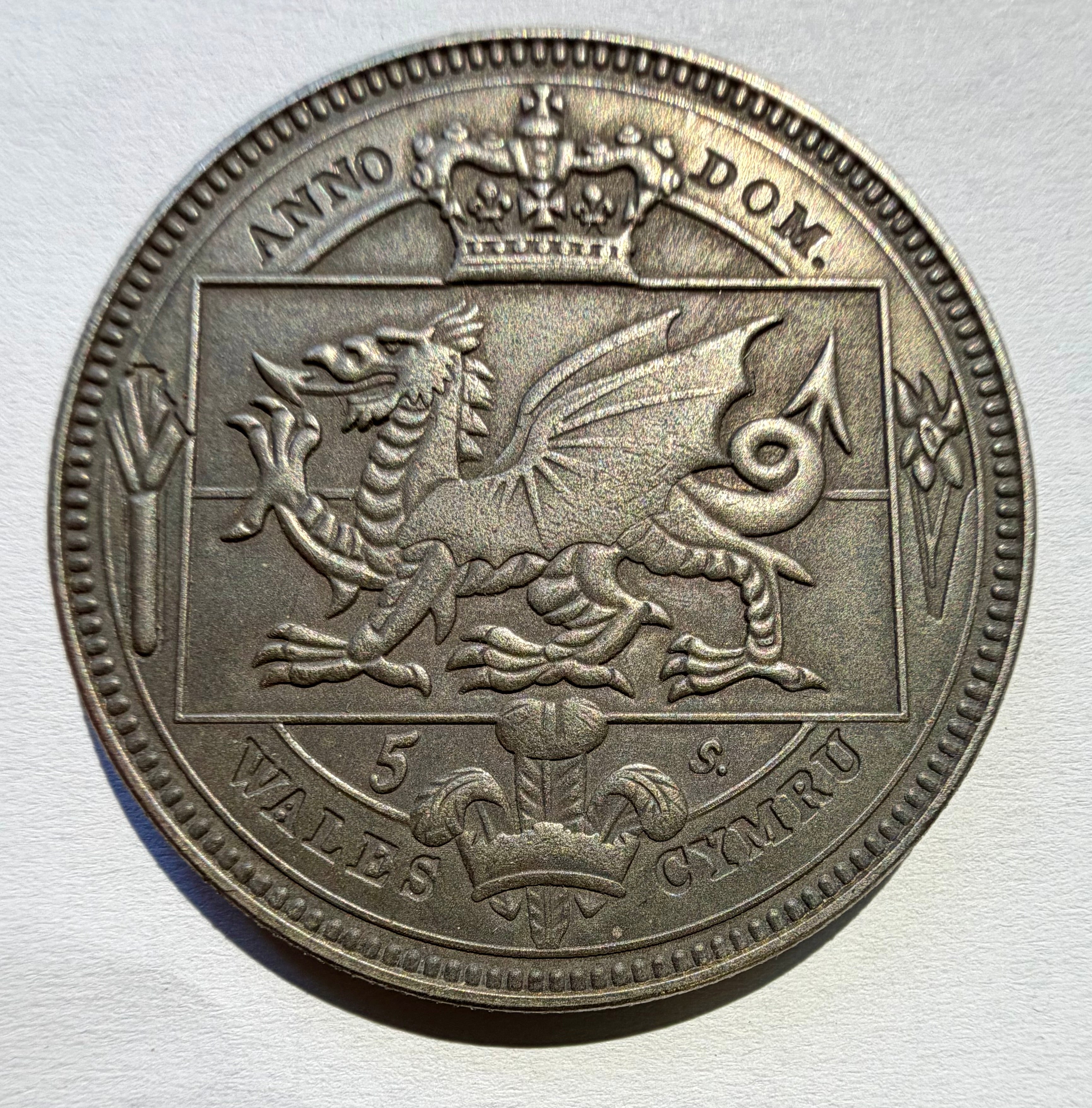 Welsh Fantasy 5 Shillings token commemorating 1887