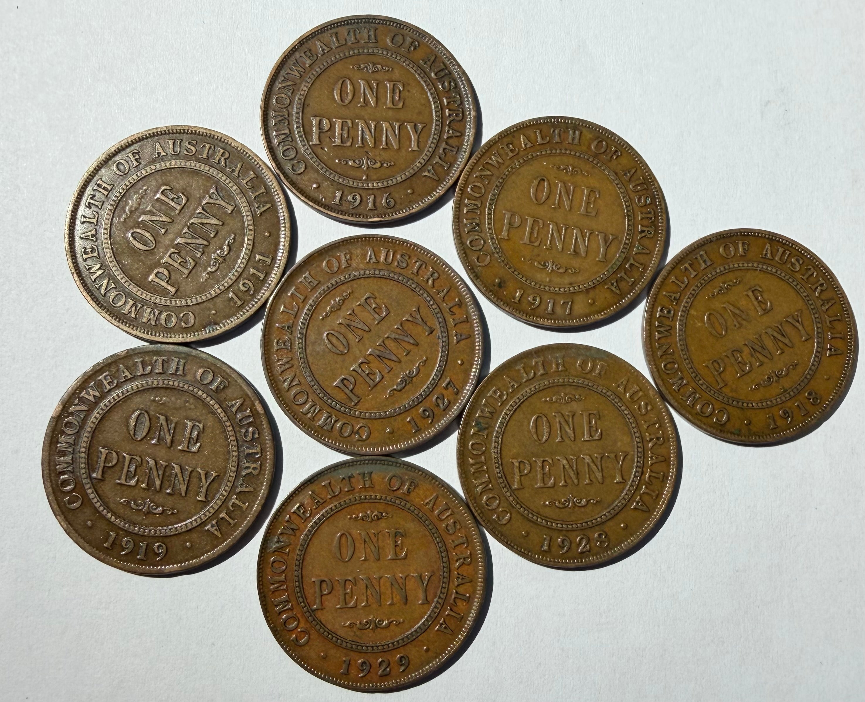8 different dates Australia Pennies George V