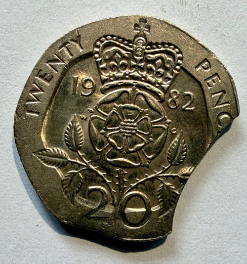 1982 UK 20p Major Curved Clip Mint Error Coin