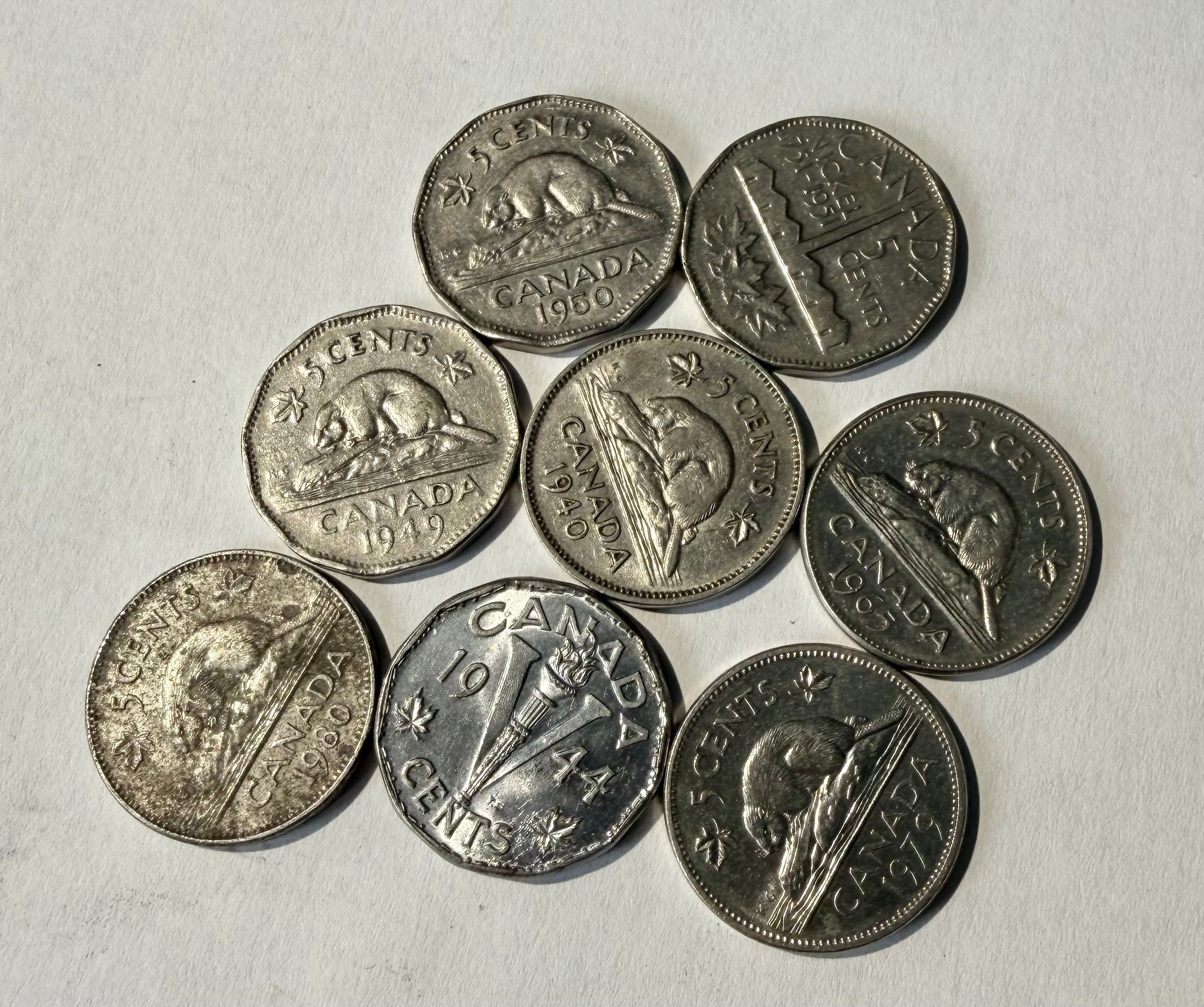 9 Canada 5 Cents coins