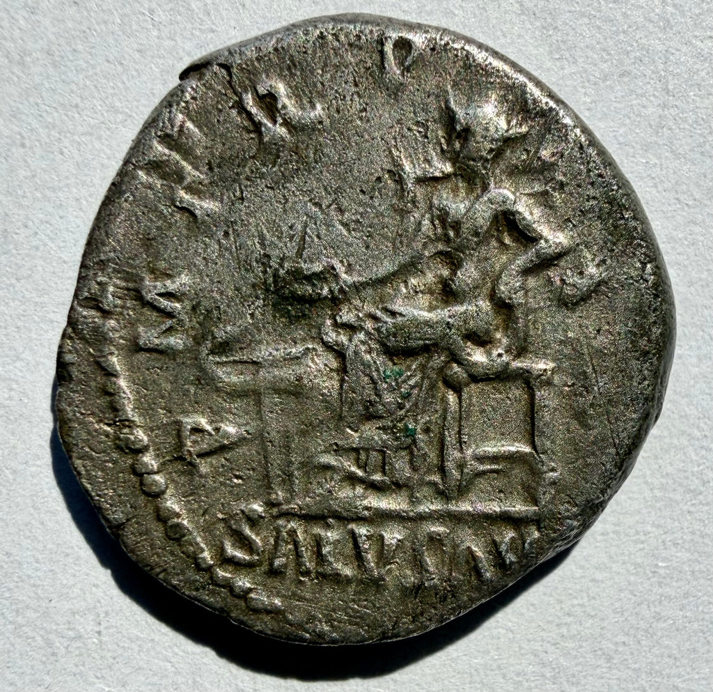 Roman Emperor Hadrian Silver Denarius Coin Salus feeding Serpent Altar - RIC 198
