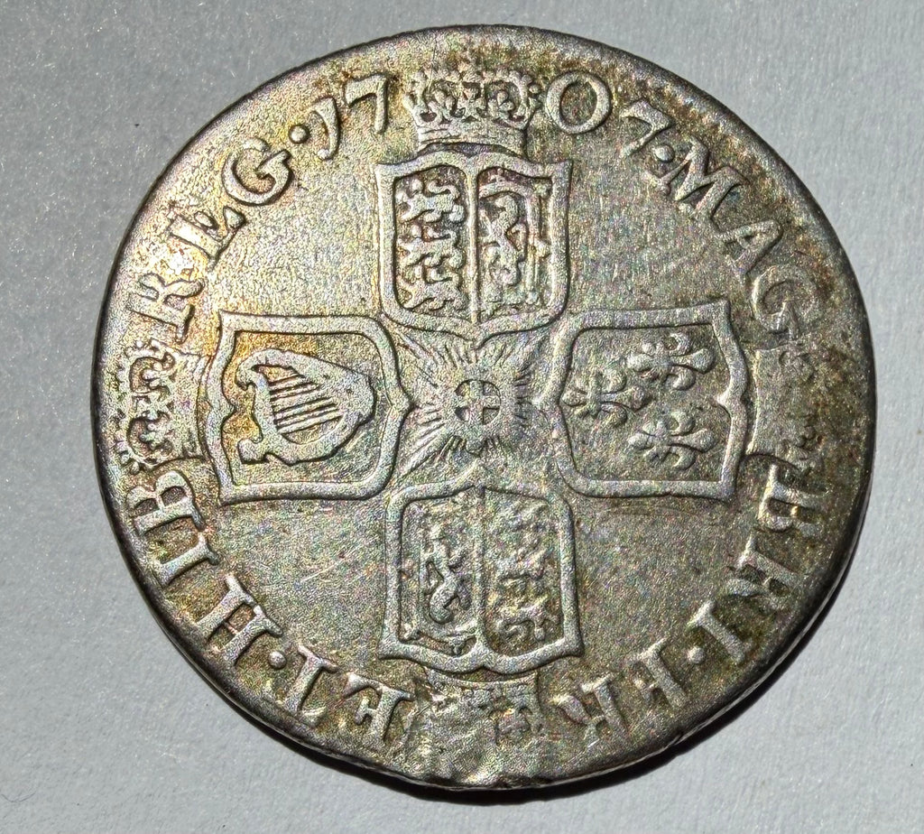 Queen Anne 1707 Silver Shilling - Post-Union Impaled Shields