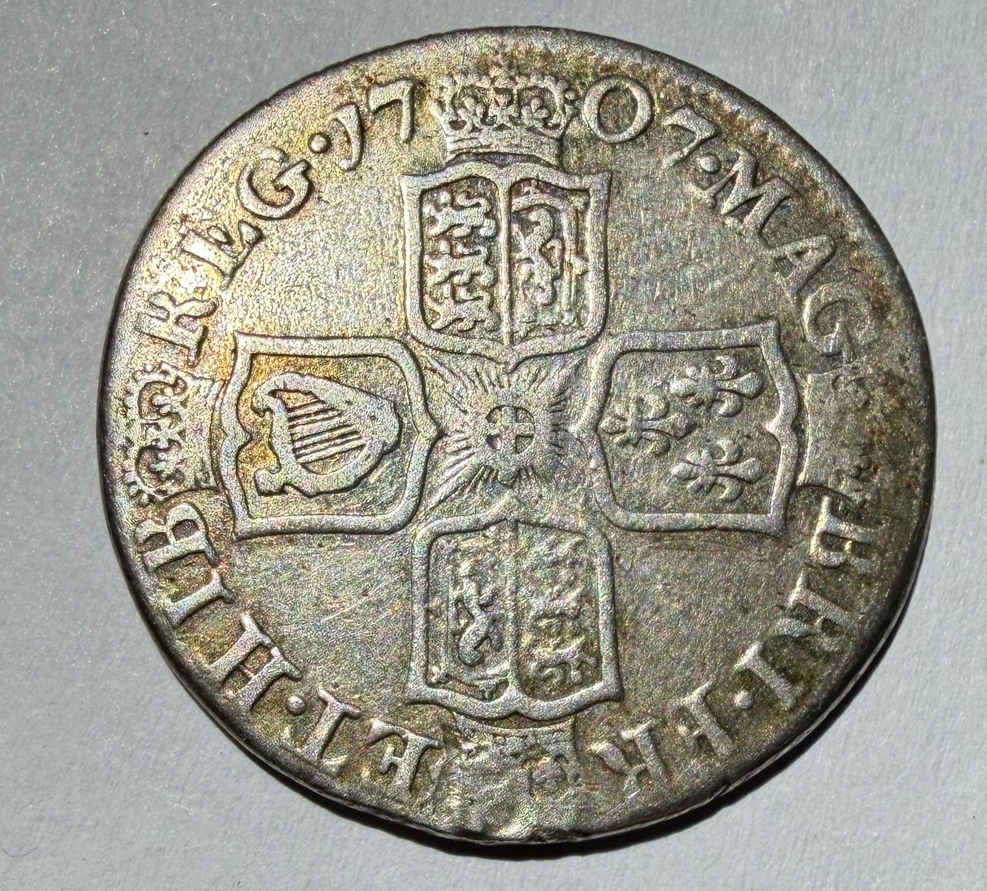 Queen Anne 1707 Silver Shilling - Post-Union Impaled Shields