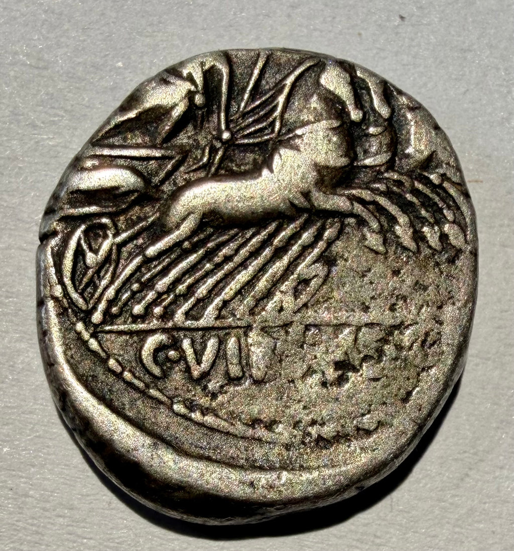 Roman Republic AR Denarius 90 BC C. Vibius C.f. Pansa Apollo Minerva Quadriga