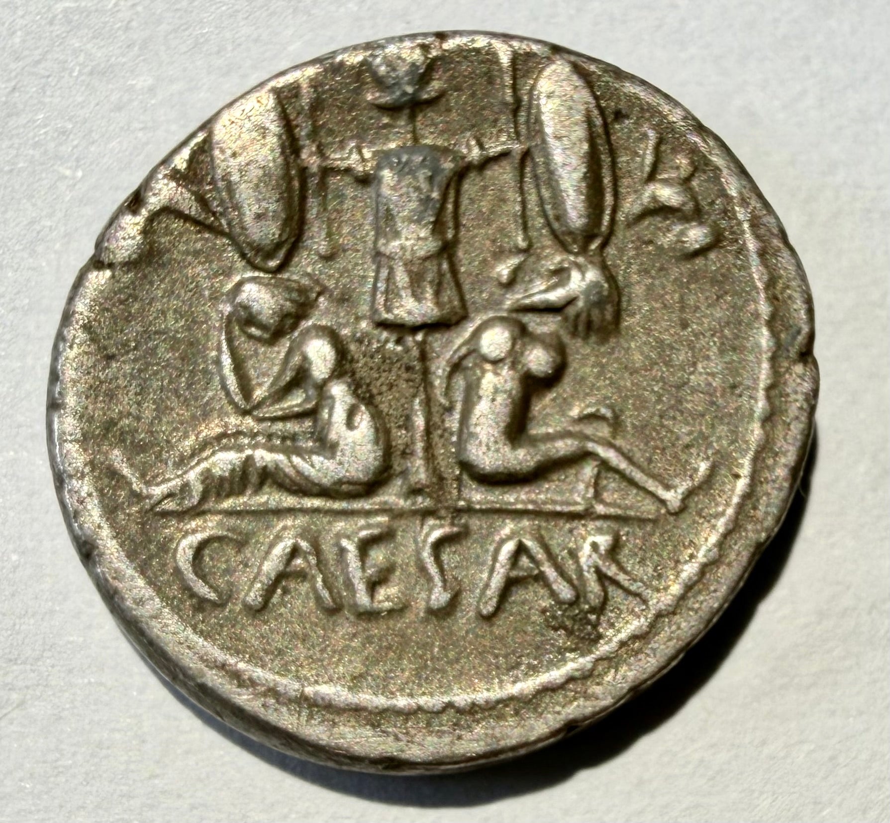 Julius Caesar AR Denarius 46-45 BC Trophy & Captives Silver Coin Crawford 468/1