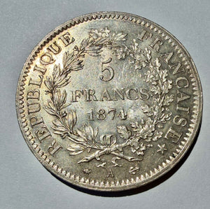 France 1874 A Silver 5 Francs Hercules Third Republic - High Grade Choice AU/MS