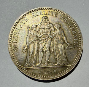 France 1873-A Silver 5 Francs Hercules Third Republic - Choice EF Toned