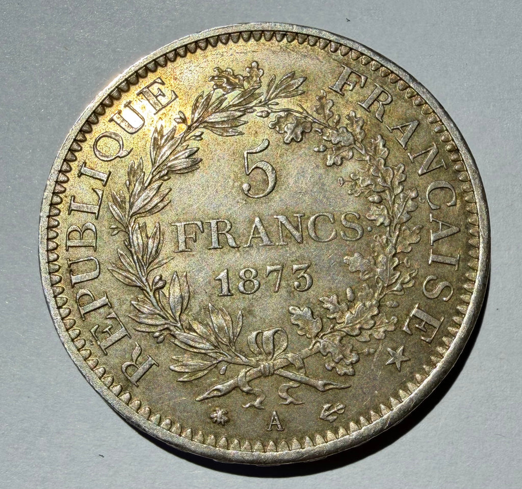 France 1873-A Silver 5 Francs Hercules Third Republic - Choice EF Toned