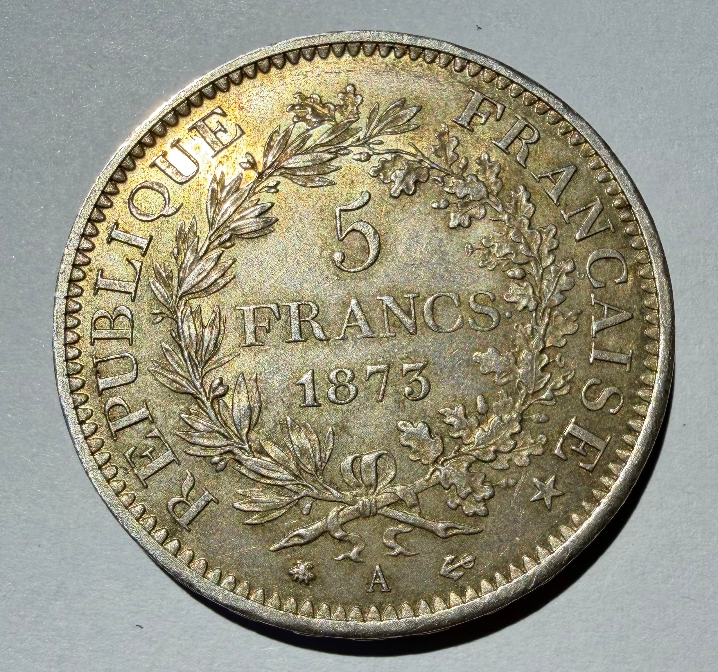 France 1873-A Silver 5 Francs Hercules Third Republic - Choice EF Toned