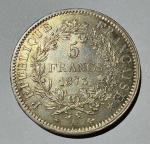 France 1873 A Silver 5 Francs Hercules Third Republic - High Grade Choice AU/MS