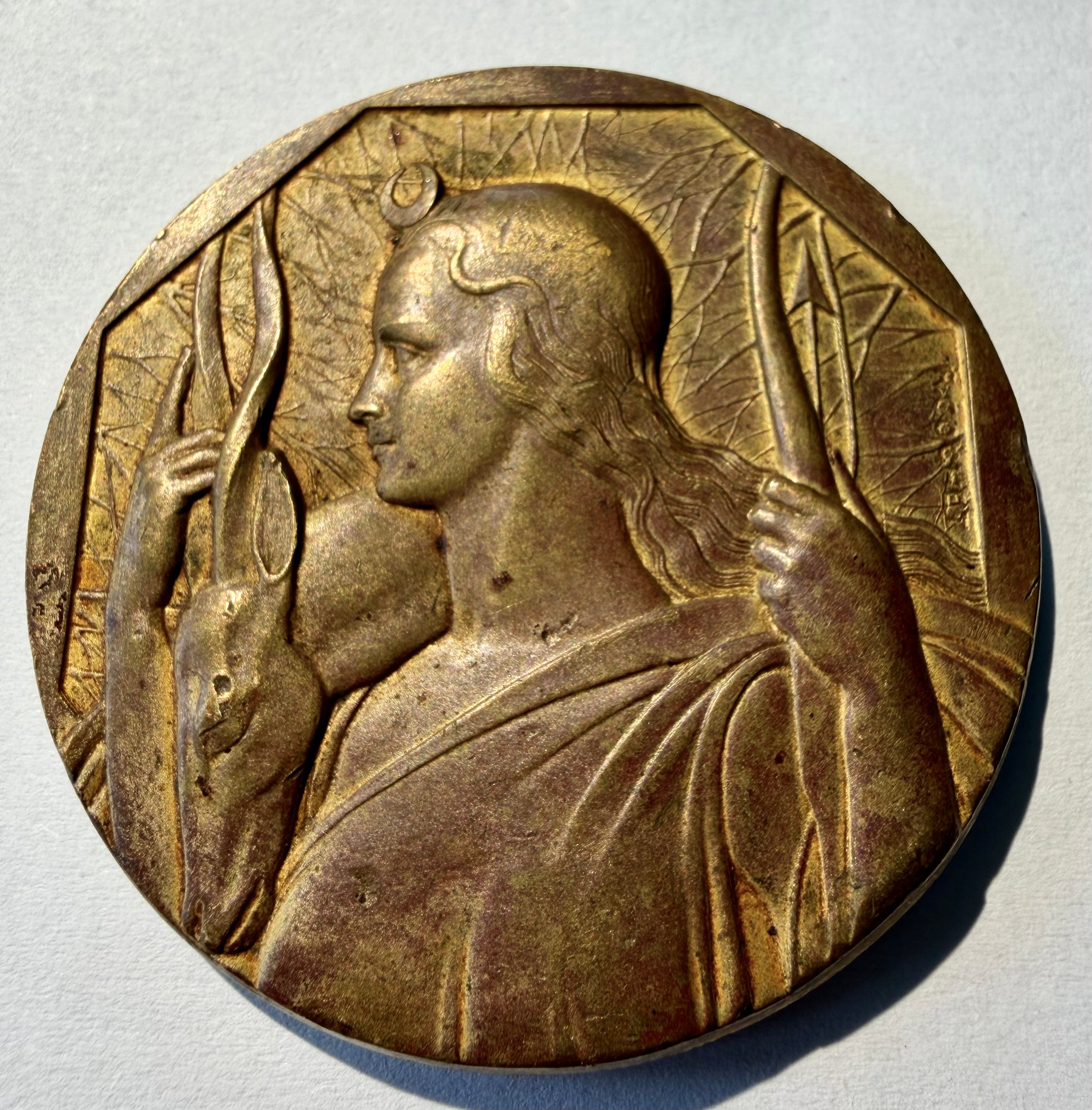 French Art Deco Medal Diana Huntress Robert Cochet Bronze Gilt Paris J D'Estray