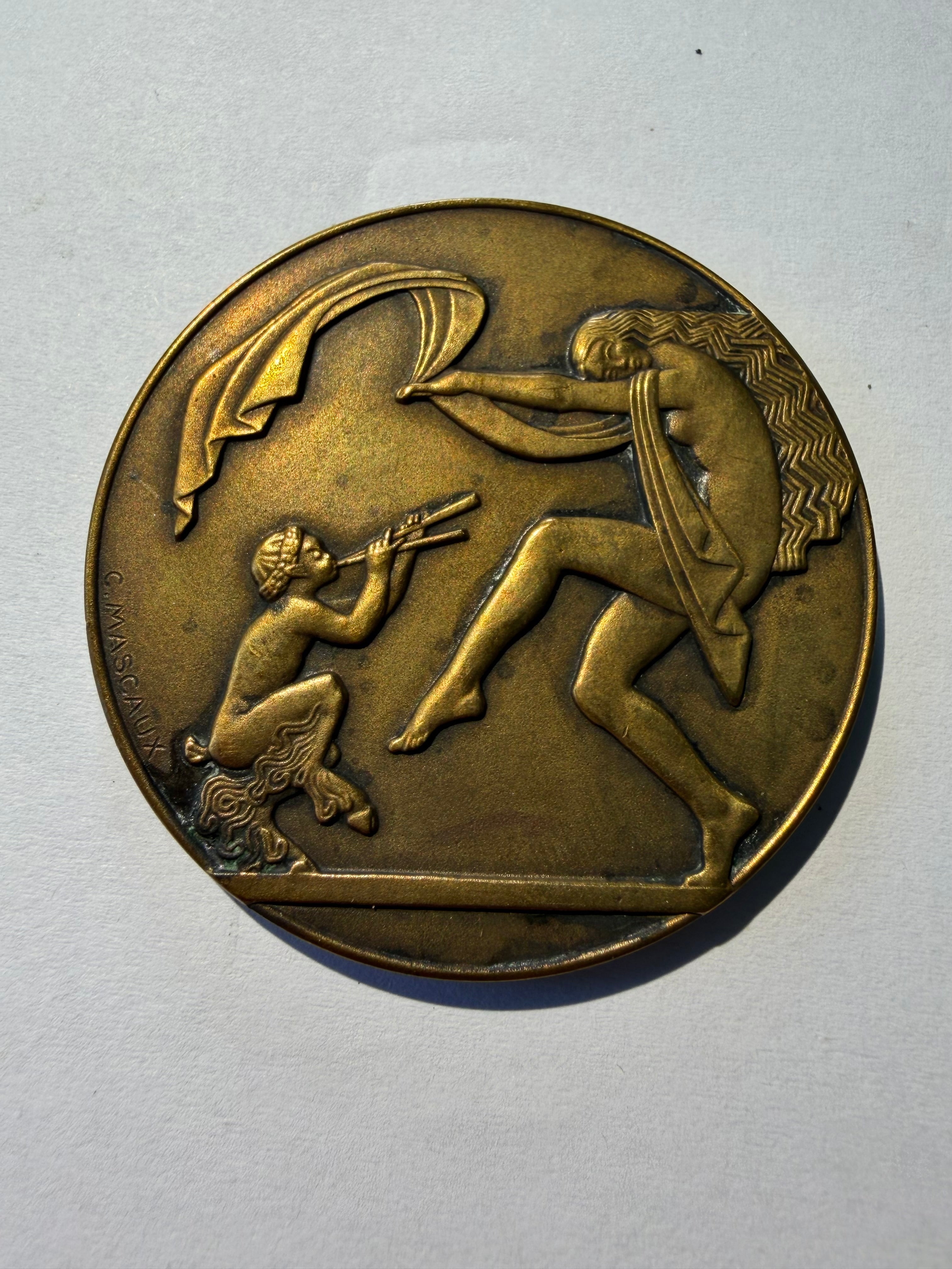 Art Deco Bronze Medal Claude Mascaux Pan Pipes Female Dancer French 49mm 56g