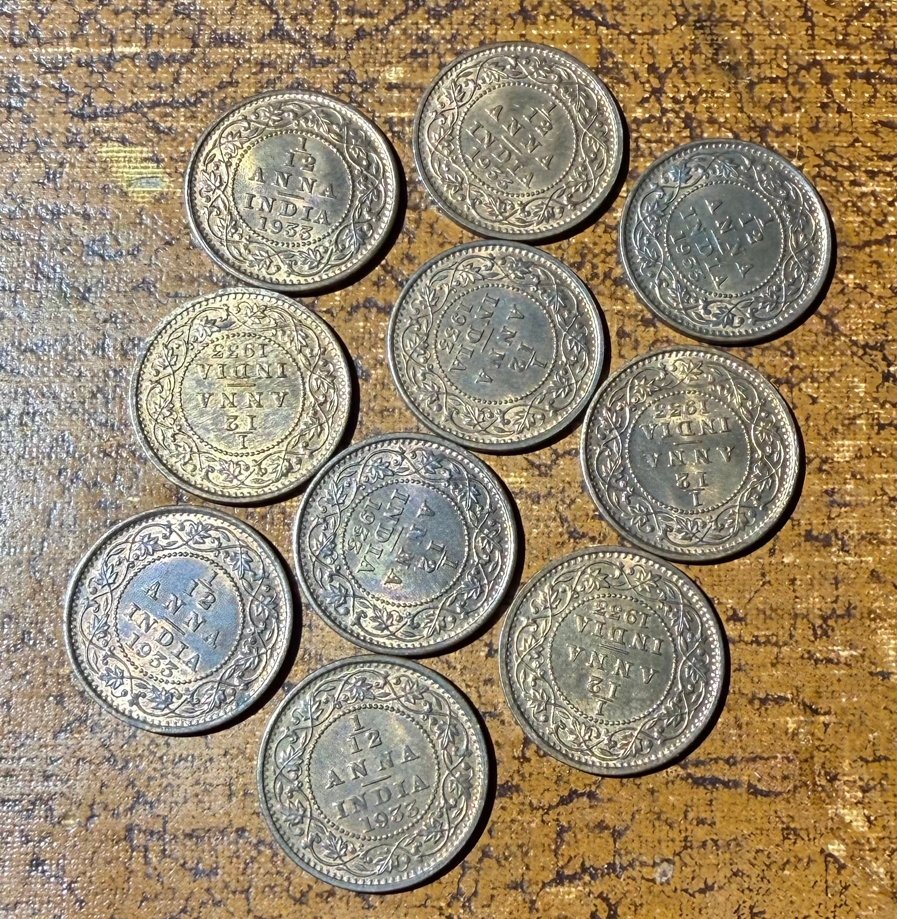 Ten 1933 British India 1/12 Anna coins UNC