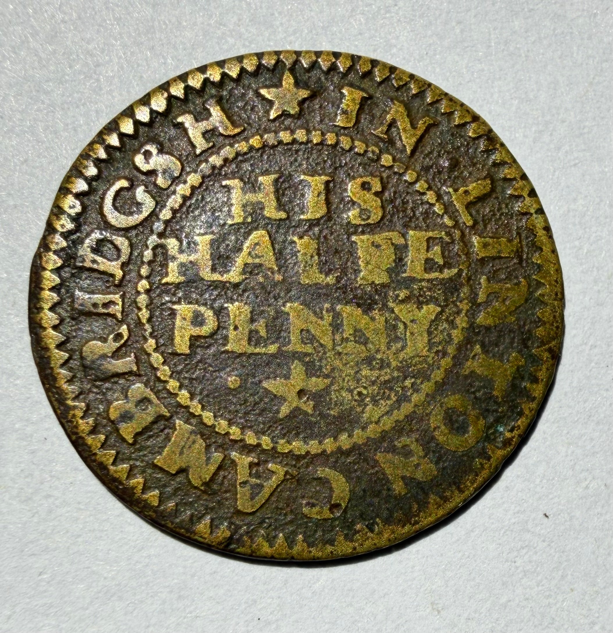 1667 Linton Cambridgeshire 17th C Halfpenny Trade Token - Robert Halls - W.143
