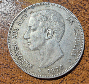 1876 Spain 5 Pesetas Silver Coin - Alfonso XII - Madrid Mint (DE M)
