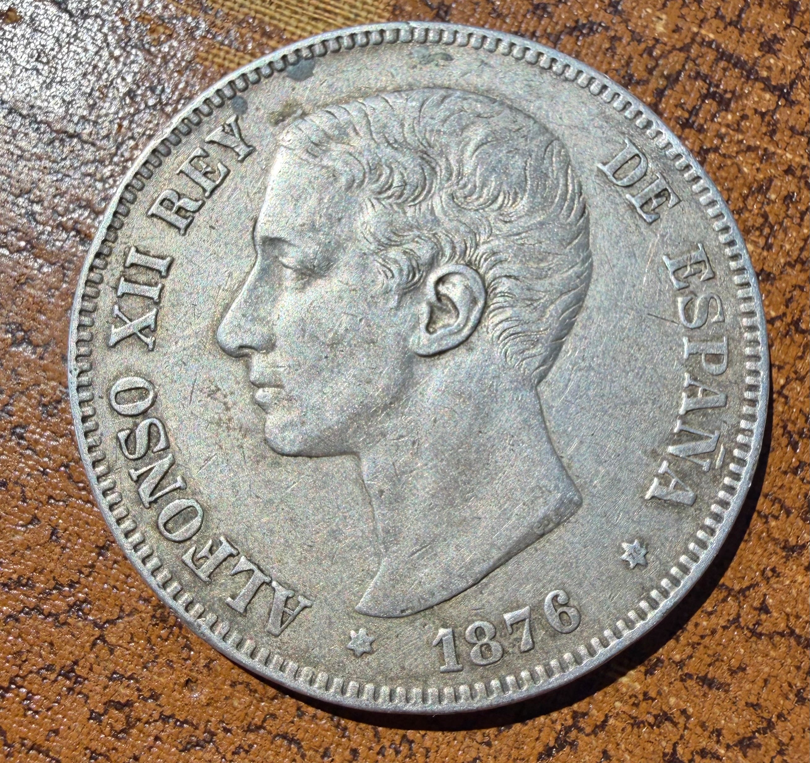 1876 Spain 5 Pesetas Silver Coin - Alfonso XII - Madrid Mint (DE M)