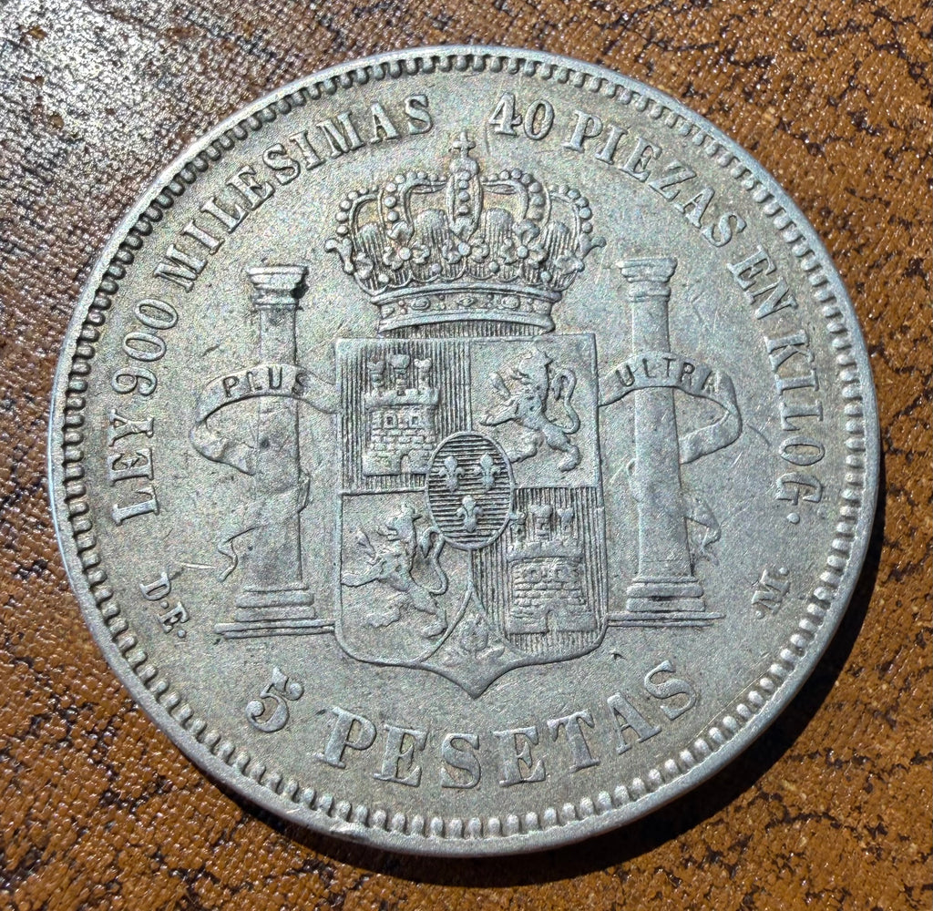 1876 Spain 5 Pesetas Silver Coin - Alfonso XII - Madrid Mint (DE M)